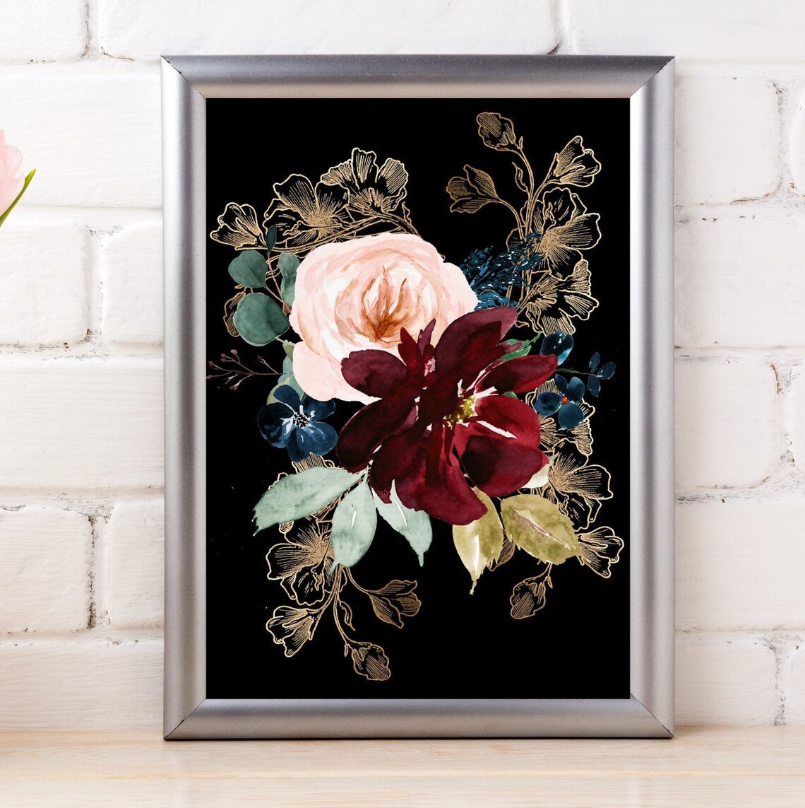8X10 Black and Gold Floral Wall Art Instant Download Digital Etsy