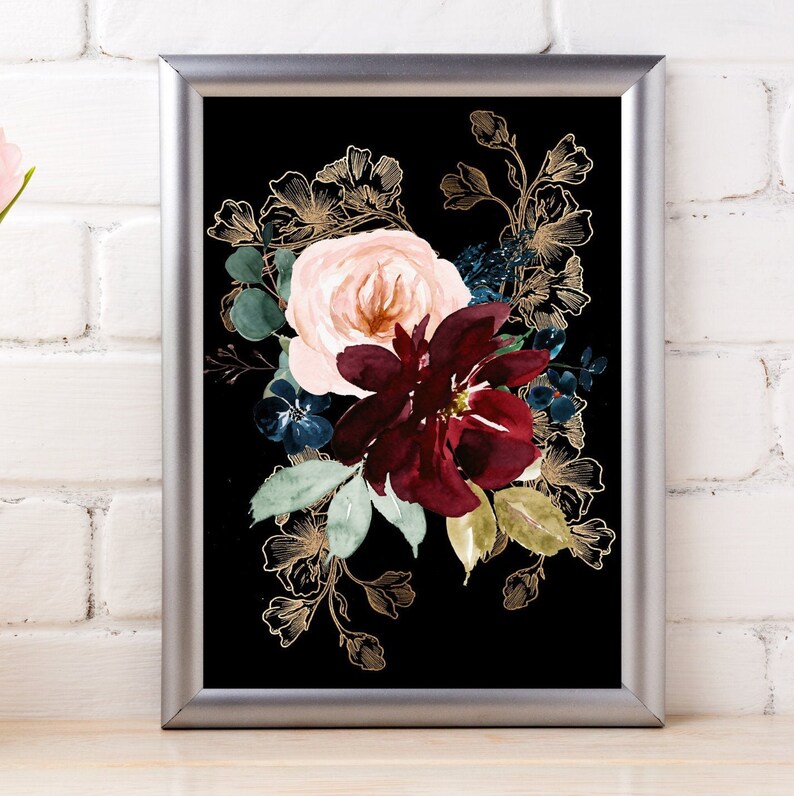 8X10 Black and Gold Floral Wall Art Instant Download Digital Etsy