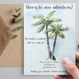 Bewegende aankondiging, ansichtkaart nieuw huis, nieuw adres, we zijn verhuisd, INSTANT DOWNLOAD, Home Sweet Home, strand, palmboom