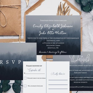 May include: Wedding invitation suite with a misty forest background. The invitation features the names "Emily Elizabeth Johnson" and "John Otto Walton" with the date "October 17, 2020" and the location "Bellemont Farms, Asheville, NC". The RSVP card includes a response deadline of "September 15th".