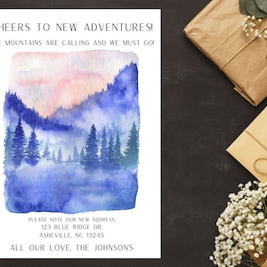 Bewegende aankondiging, ansichtkaart nieuw huis, nieuw adres, we zijn verhuisd, INSTANT DOWNLOAD, Home Sweet Home, winter, bergen
