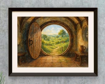 Cozy Hillside Cottage Art Print | Round Door Storybook Landscape (Digital Download)