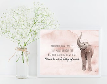 Baby Mine Song Printable, Baby Art, Nursery Wall Art, Baby Shower Gift, Farmhouse Style, kid decor, new baby gift, Lyrics decor Elephants