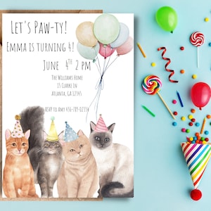Cat Birthday Invitation: Watercolor Cats, Balloons (Digital Download)