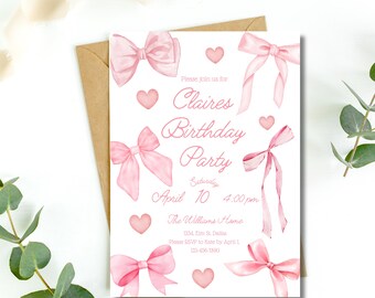Pink Bow Birthday Invitation: Elegant Girl Party (Digital Download)