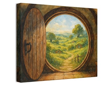 Canvas Print, Round Door Hillside Cottage Art | Cozy Cottagecore Landscape | Whimsical Storybook Cottage Wall Decor