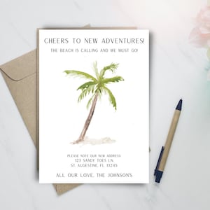 Anuncio de mudanza, postal de nueva casa, nueva dirección, nos mudamos, DESCARGA INSTANTÁNEA, Hogar dulce hogar, playa, palmera
