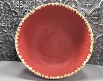 Rust Colored Deep Paper Mache Bowl with Raffia Stitched Rim