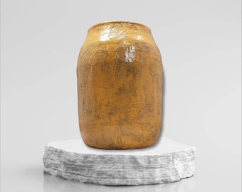 Large Rustic Caramel Paper Mache Vase: Cornice