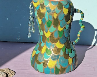 Blue and Green Paper Mache Pitcher: "Sea Monster"