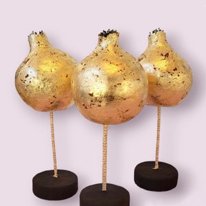 Oversized Gold Foil Paper Mache Pomegranate Sculpture on Stand: Corinth