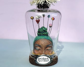 Paper Mache Art, Miniature Sculpture in a Cloche Jar: Protect Your Peace