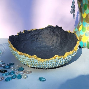 Paper Mache Bowl, Blue and Gray Decor Accent with Raw Edge: Rind
