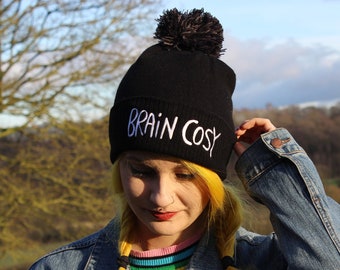 Embroidered Beanie Bobble Hat 100% Acrylic - Brain Cosy - Beanie Hat - Mental Health - Self Care Hat - Katie Abey