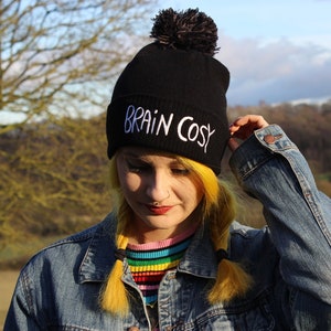 Embroidered Beanie Bobble Hat 100% Acrylic - Brain Cosy - Beanie Hat - Mental Health - Self Care Hat - Katie Abey