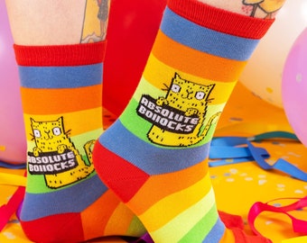 Absolute Bollocks Rainbow Cat Socks - Sweary Cat Socks - Katie Abey Socks - Funny Socks