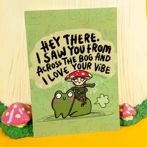 Flirty Mushroom Elf Frog A6 Postcard - Frog Print - Katie Abey - Cute Gift - Fungi - Goblin - Faerie - Mushroom Gift - Fungi - Bog Vibes
