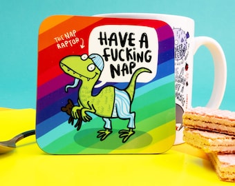 Nap Raptor Coaster - Cute Coaster - Dinosaur Coaster  - Self Care Gift - Katie Abey