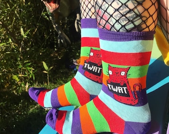 Twat Rainbow Socks - Sweary Cat Socks - Red Cat - Katie Abey Socks