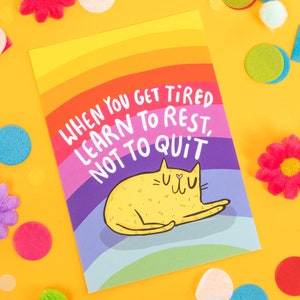 Rest Don't Quit - Positivity Postcard - Katie Abey - PMA - Self Care - Self Love - Cat Postcard