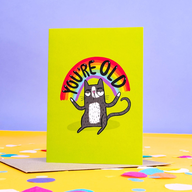 An A6 card with an annoyed cat illustrated on the front by Katie Abey with a rainbow above them and the text saying 'you're old' in a green backdrop