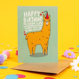 Birthday Llama A6 Card - Lama - Animal Card - Funny - Greeting Card - Party Card - Katie Abey