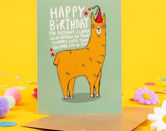 Birthday Llama A6 Card - Lama - Animal Card - Funny - Greeting Card - Party Card - Katie Abey