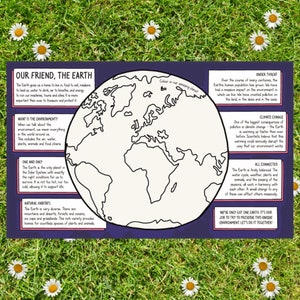 An activity on the environment spread across two pages of the Be Green Activity Book illustrated by Katie Abey. The book is laid on some grass amongst daisies