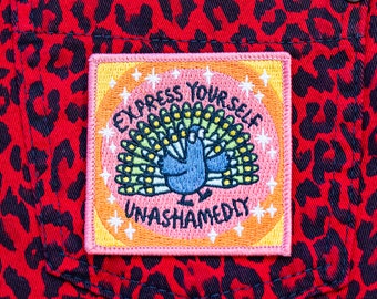 Express Yourself Unashamedly Peacock Patch - iron on patch - pride - cute gift - Katie Abey