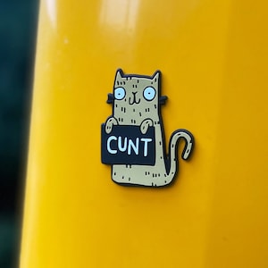 Swear Word Taupe Brown and Black Cat Fridge Magnet holding funny sign. Designed by Katie Abey in the UK