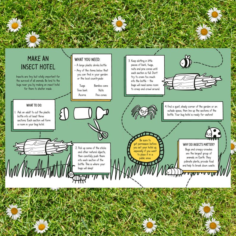 An activity on making an insect hotel spread across two pages of the Be Green Activity Book illustrated by Katie Abey. The book is laid on some grass amongst daisies
