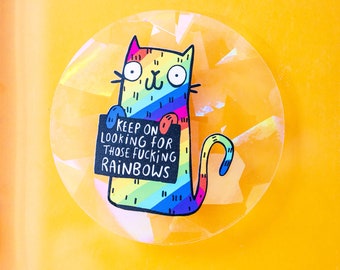 Sweary Rainbow Cat Sun Catcher  - Katie Abey - Motivational - Positivity - Pride