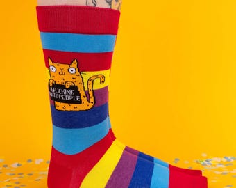 Sweary Cat I F*cking Hate People Rainbow Socks - Katie Abey Funny Socks