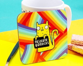 Sweary Cat Absolute Bollocks Coaster - Funny Coaster - Cat Coaster - Gift For Him - Gift For Her - Fun Gift - Naughty Gift - Katie Abey