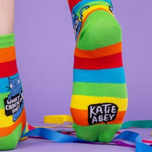 a model with tattooed legs wearing Katie Abey What a Crock of Shit socks with blue cat holding a sign. They are rainbow striped and lovely and vibrant. The model is stood on a yellow floor with balloons, confetti and ribbons