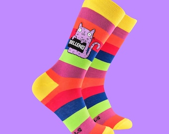 Sweary Cat Bellend Rainbow Socks - Katie Abey Funny Socks