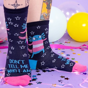 Don't Tell Me Who I am Axolotl Trans Pride Socks - Katie Abey - Transexual - Pride - LGBTQ+