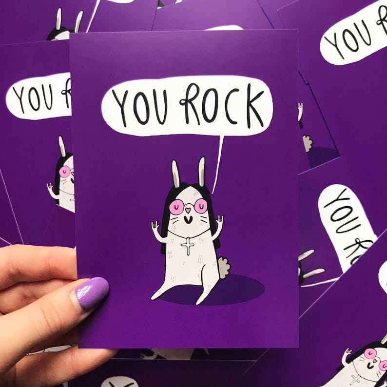 You Rock music gift bunny postcard animal print Motivational Postcard Katie Abey Ozzy Osbourne