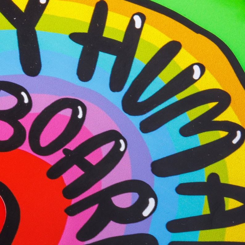 Tiny human on board vinyl car window sticker featuring black text on a rainbow design by Katie Abey laminated and weather proof
