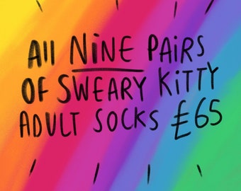 All 9 Pairs - Sweary Cat Socks - Pink Cat - Katie Abey Socks - Rude Socks