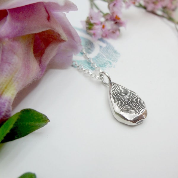 Organic Reflections Fingerprint Tear Drop Pendant in Sterling Silver