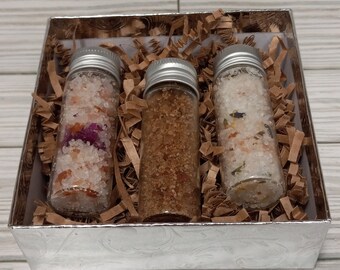 3 Mini Botanical Bath Salts, Bath Soak, Gift Set, Spa, Bath Accessory, Gift Idea, For Her, Aroma Therapy, Rejuvenate, Himalayan Salt, Relax