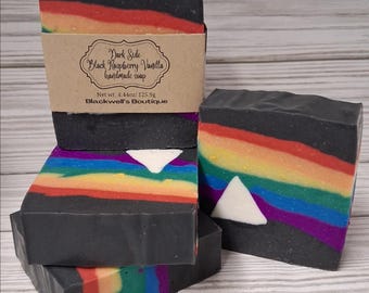 Dark Side Black Raspberry Vanilla Handmade Cold Process Soap Vegan Bath Body Gift Idea Shave Bar Rainbow Moon Album Inspire Prism Floyd Pink
