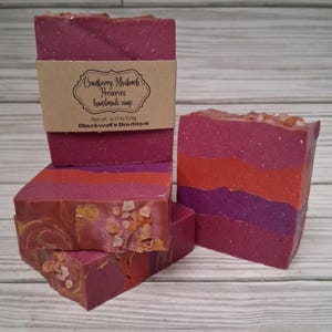 Cranberry Rhubarb Preserves Handmade Cold Soap Vegan Bath Body Gift Idea Shave Bar Mother's Day Pink Himalayan Salt Gold Purple Red Layers