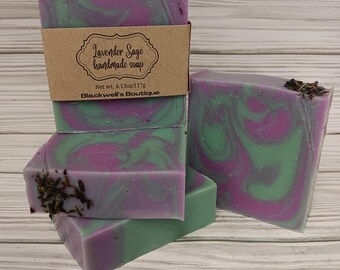 Lavender Sage  Handmade Cold Process Soap Vegan Bath Soap Gift Idea For Her For Him Shave Bar Moisturize Lather Spa Purple Green Swirls
