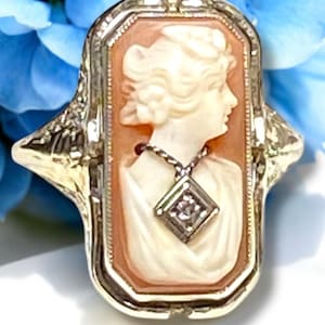 Antique 14K Gold Filigree Cameo FLIP RING Onyx with Diamonds Size 5.25
