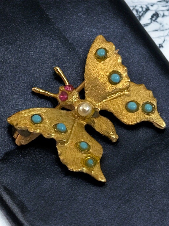 Vintage 14K Yellow Gold BUTTERFLY Pin Turquoise, R