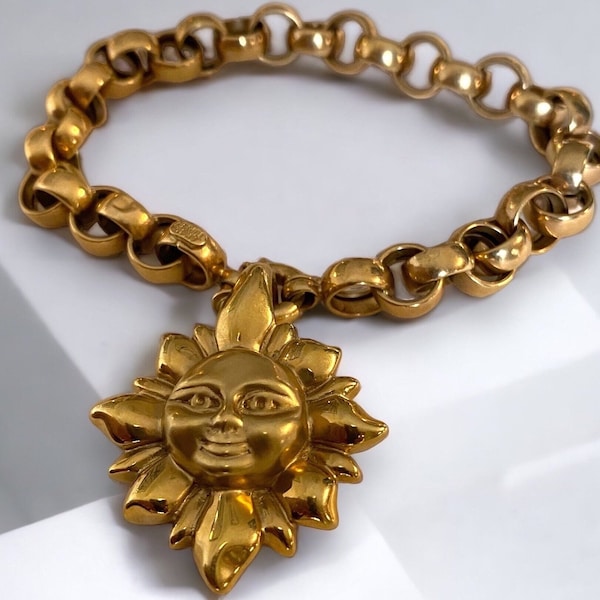 UNIQUE Vintage 14K Yellow Gold BIG Puffed SUN 8mm Wide Rolo Link 8.5” Bracelet