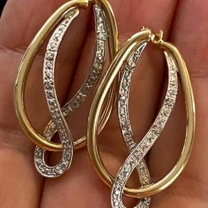 Beautiful Vintage 14k Two-Tone Gold Large Diamond Swirl Fancy Hoop Earrings!