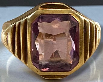 AMAZING 1960’s Estate MENS 14K Gold Large Emerald Cut AMETHYST Ring Size 10.25